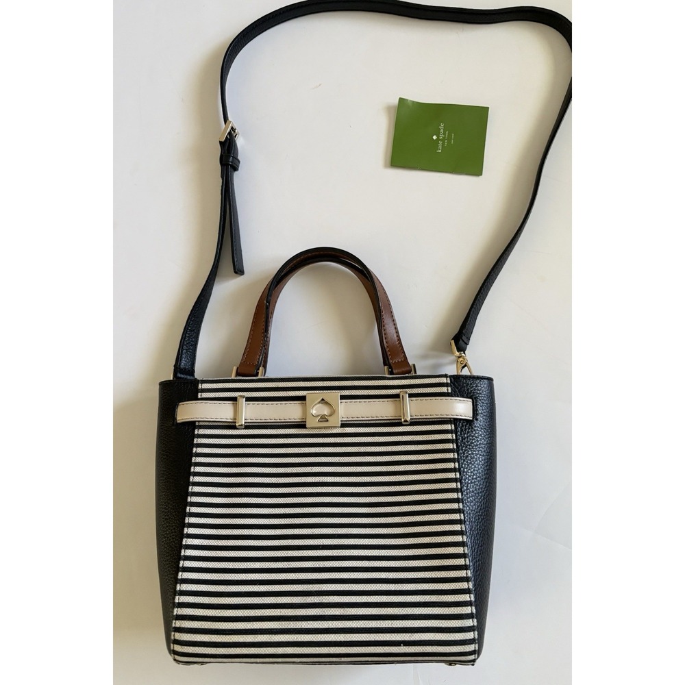 KATE SPADE Leo Houston Street Crossbody Black Cream Striped Tote Handbag